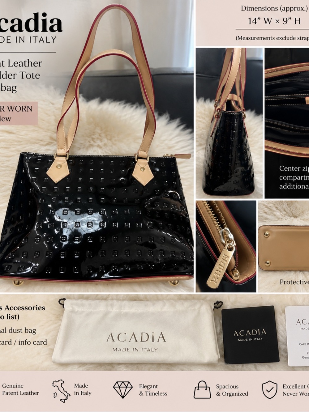 Acadia Made in Italy Black Patent Leather Embossed Shoulder Tote Bag NWOT